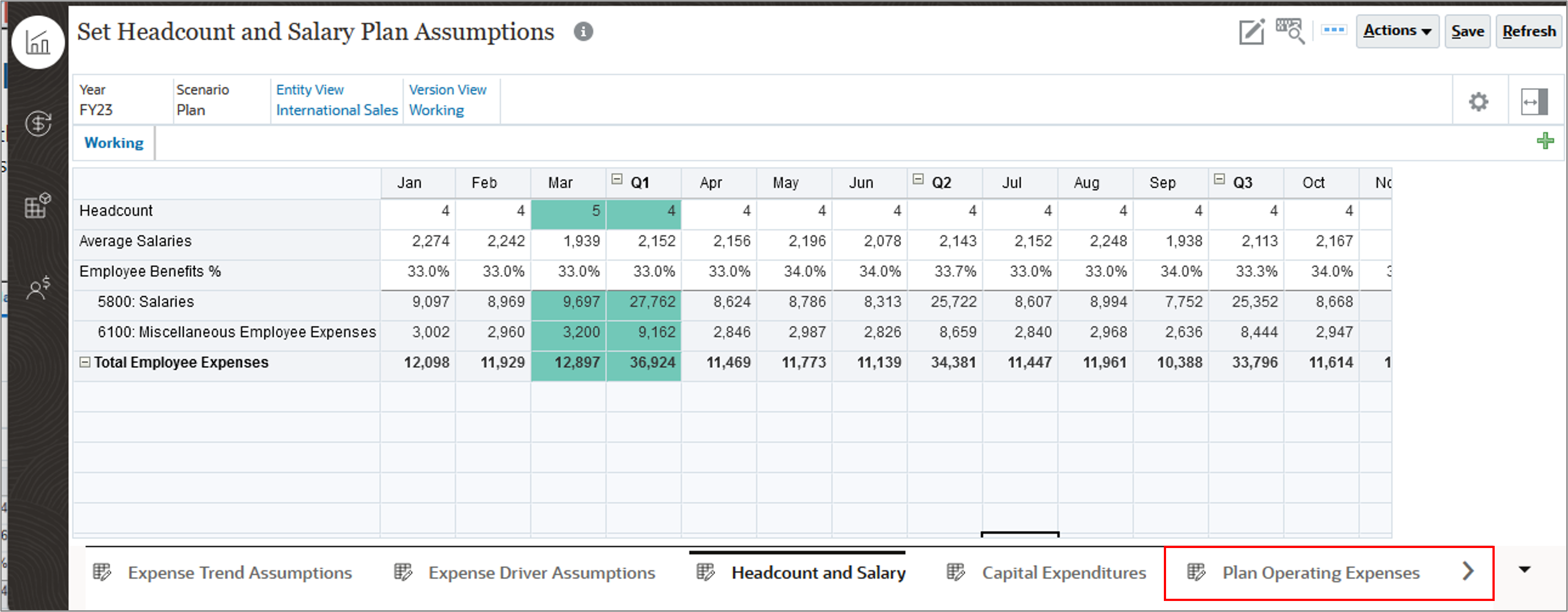 Set Headcount and Salary Plan Assumptions with Plan Operating Expenses highlighted